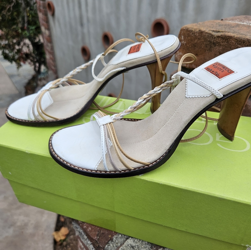 Goffredo Fantini White & Taupe Leather Ankle Tie Strap Sandals Size 37